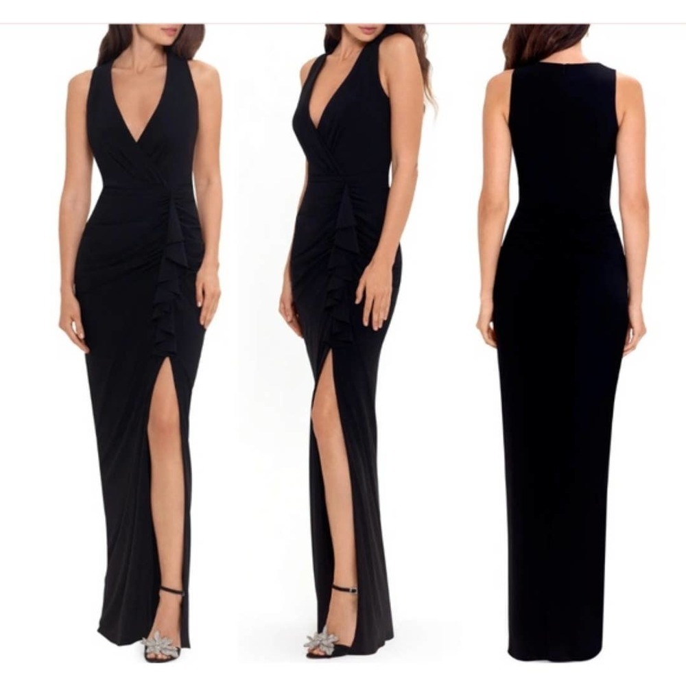 NWT Betsy & Adam Bobbi Black Ruffled V Neck Maxi Formal Gown Women 10